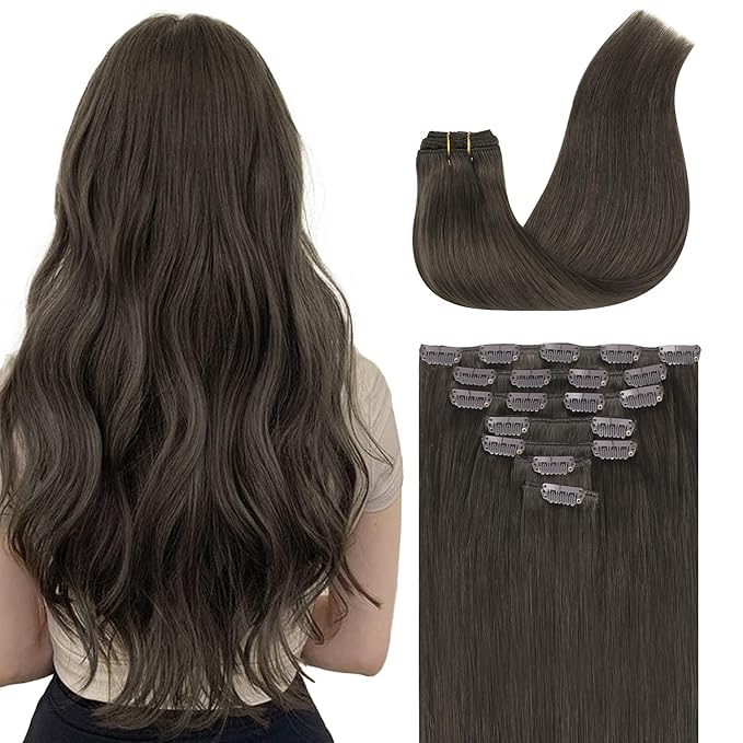GOO GOO Clip in Hair Extensions Real Human Hair, Remy Human Hair Extensions Clip ins for Women, Natural Human Hair, 16inch 120g 7Pcs, 1C Mocha Brown