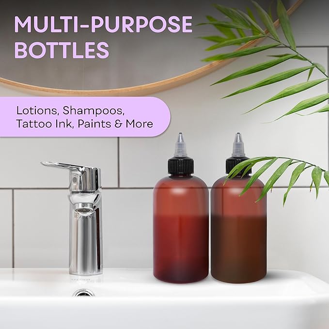 BRIGHTFROM Twist Top Applicator Bottles, 8 OZ Amber, Squeeze Empty Round Plastic Bottles, BPA-Free, PET, Refillable, Open/Close Nozzle (Black) - Multi Purpose (Pack of 2)