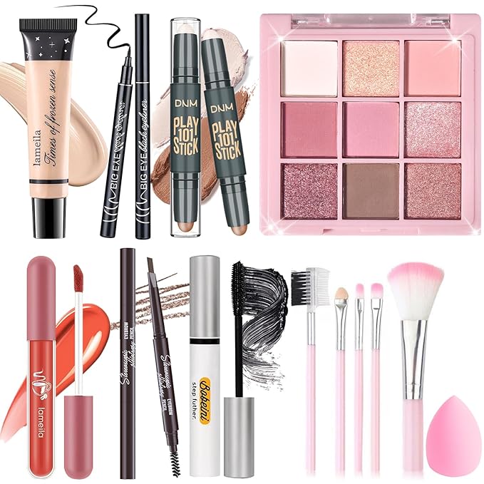 Makeup Set Kit for Women Girls Teens, Makeup Present Set, Includes 9 Color Eyeshadow, Counter Stick, Foundation, Eyebrow Pencil, Eyeliner, Mascara, Lip Gloss, 5Pcs Brushes, Sponge