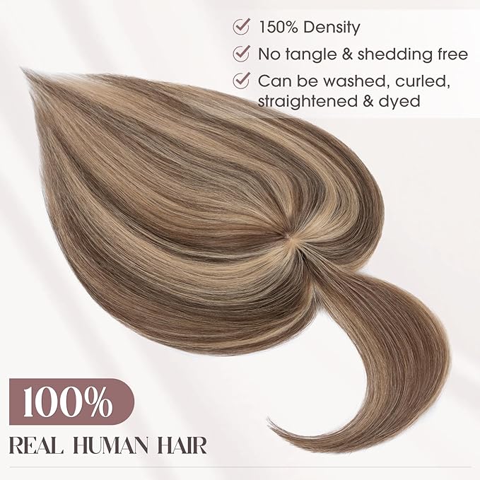 MY-LADY Human Hair Toppers for Women Real Human Hair with Bangs Thin 8.5 * 8.5CM Mono Base Clip in Remy Hairpieces Light Weight 14 Inch Medium Brown Mixed Dark Blonde