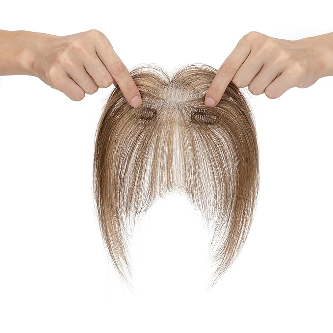 Benehair Clip on Bangs Human Hair, Front Hair Extensions for Women Hair Pieces with Temples for Daily Wear (Medium Brown highlights dark blonde)