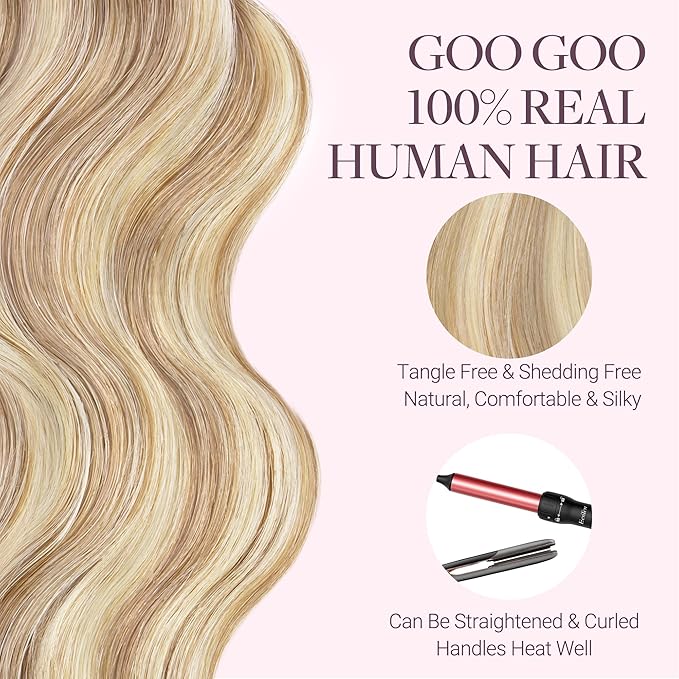 GOO GOO Tape in Hair Extensions Human Hair, 18F/60A Balayage Light Wheat Platinum Blonde, 18inch 50g 20pcs, Skin Weft Seamless Invisible, Silky Straight with Thick Ends, Remy Human Hair