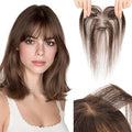 Hairro Human Hair Toppers with Wispy Bangs, 3D 360° Seamless Real Hair Toppers, Hand-Tied with 3.5"x4.7" T-shaped Base, Clip-In Hairpieces to Add Volume on Top, 11 Inch Dark Brown