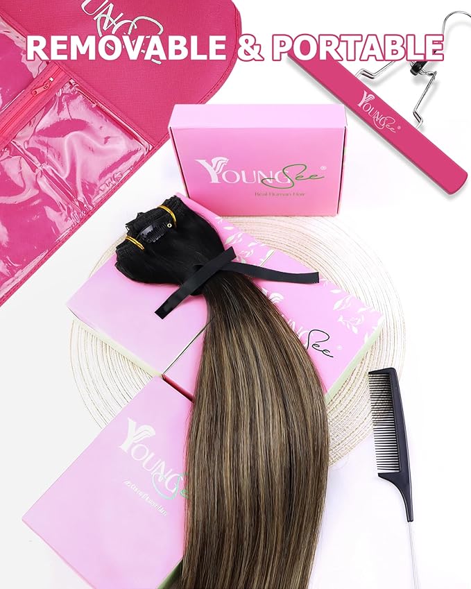 YoungSee 150G Balayage Clip in Hair Extensions Black Ombre Human Hair Clip in Extensions Natural Black Roots to Brown with Caramel Blonde Clip ins Extensions Real Human Hair 7Pcs 20Inch