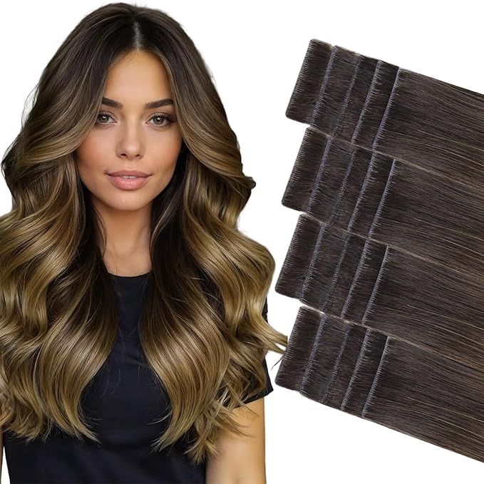 GOO GOO Invisi Edge Tape in Hair Extensions Human Hair, 1D/2C/4E Chocolate Dip Color Melt 20pcs 18inch 50g, Virgin Remy Hair, Seamless Injected Tape, Natural Look