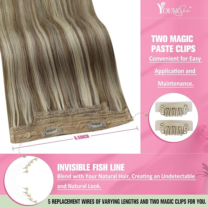 YoungSee 130G Wire Hair Extensions Real Human Hair Brown Highlight Blonde Wire Human Hair Extensions Highlights Brown to Blonde Invisible Couture Hair Extension for Natural Look 22Inch