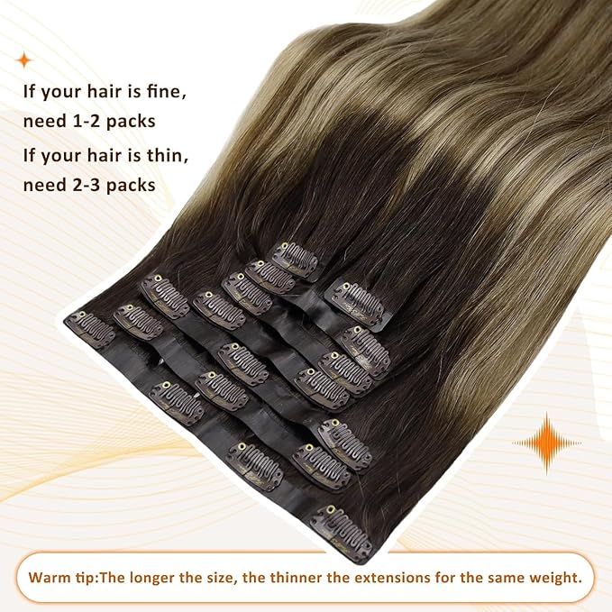 Full Shine Human Clip in Hair Extensions Ombre Seamless Clip ins Dark Brown Balayage Medium Brown Mix Honey Blonde Black Hair Extensions 16 Inch 120 G 8 PCS