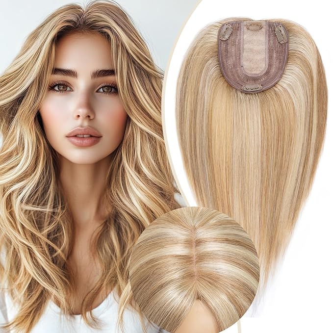 Rich Choices Hair Toppers for Women Real Human Hair 100% Human Remy Toppers NO Bangs with Thinning on Top Clip in Hairpiece 4"x4.7"Lace Base 14 Inch #12P613 Golden Brown Highlights Bleach Blonde