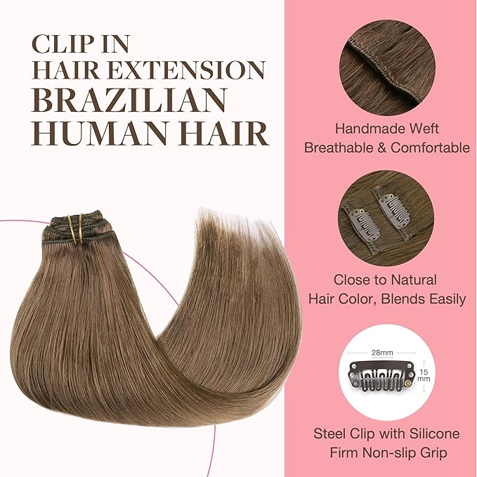 GOO GOO Clip in Hair Extensions Real Human Hair, Remy Human Hair Extensions Clip ins for Women, Natural Human Hair, 18inch 120g 7Pcs, 5 Light Ash Brown