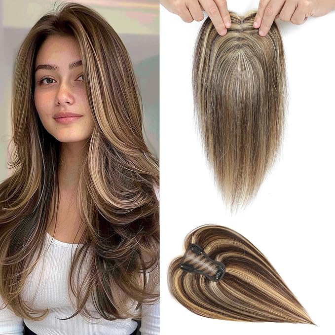 Hair Toppers for Women Human Hairpieces for Women with Thinning Hair 10 Inch Topper Hairline(Medium Brown Mix blonde).