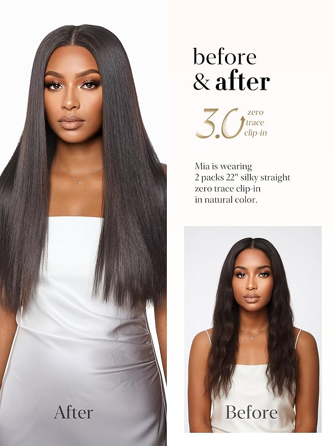 LUVME 0.59mm Zero Trace Invisible Clip in Hair Extensions, Yaki Straight 6 Pcs 100g 22 Inch, 100% Real Human Hair Clip Ins, Zero Trace Wide Wefts, Fast Clip In Routine for Office & Special Events