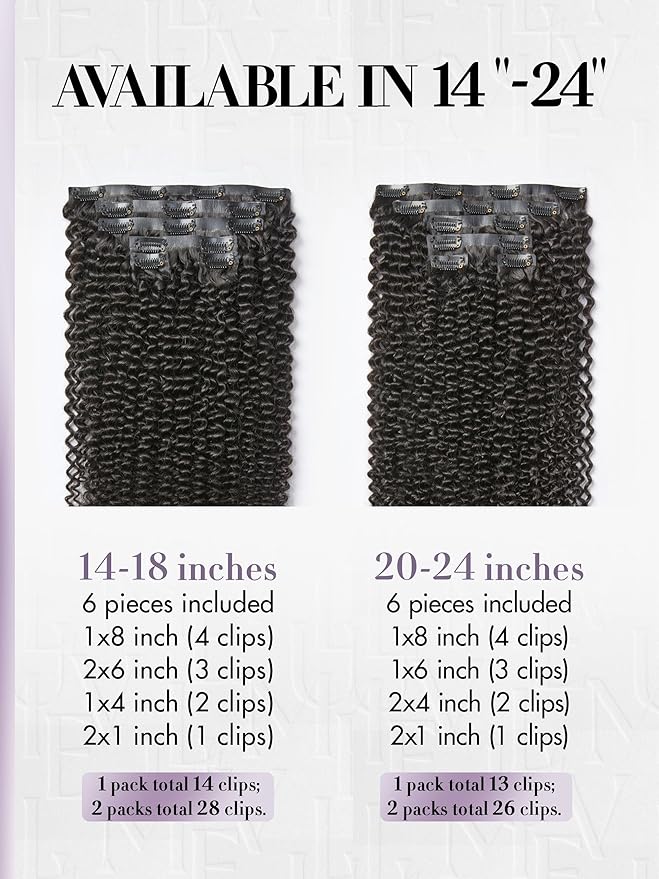 LUVME Invisible Clip ins Hair Extensions Deep Kinky Curly Real Human Hair Remy Hair Clip ins for Women, Natural Human Hair,18 inch 2 Pack 220g 12Pcs, Natural Black