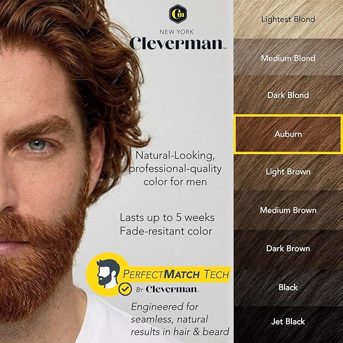 CLEVERMAN Auburn Hair & Beard Dye for Men - All-in-One Reusable Kit, Fast-Acting, Long Lasting, Ammonia-Free, Professional Quality for Hair, Beard & Gray Mustache - Semi-Permanent Extended