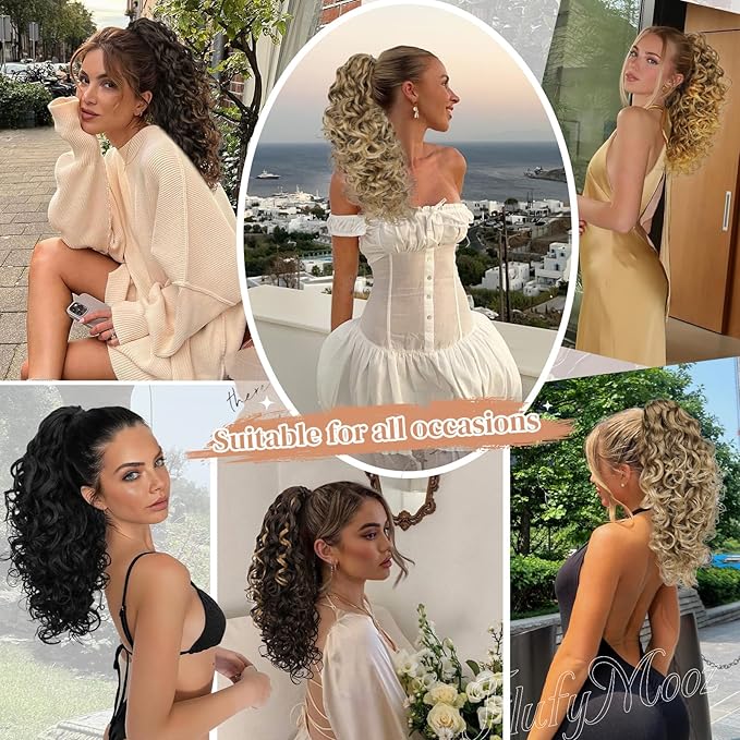 Flufymooz 100％ Pure Protein Ponytail Extension, 18 Inch Curly Claw Clip Ponytail Hair Extensions Natural Soft pony tail hairpiece for women-Wine Red