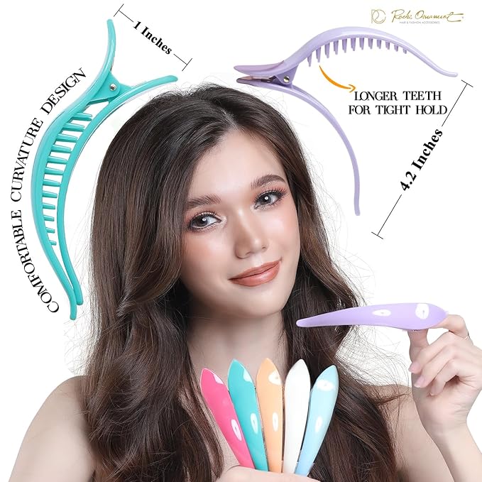 RC ROCHE 6 Pcs Duck Bill Alligator Hair Clips for Women Sectioning Flat Claw Long Thick Hair Inner Teeth Curved Styling Jaw Strong Secure Grip Salon, Large Pastel Multicolor