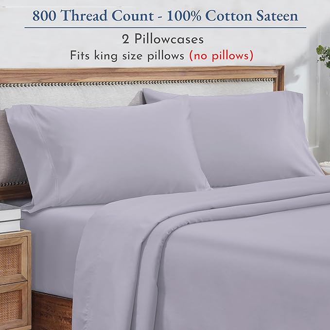 California Design Den 100% Cotton King Size Pillowcases Set of 2, 800 Thread Count, Soft Pillow Covers Sateen, Fits King Size Pillows (Lavender)