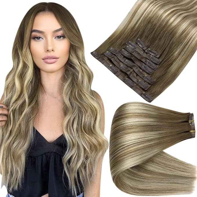 Full Shine Seamless Human Hair Clip in Extensions 22 Inch Light Brown Balayage Blonde Invisible Hair Extensions with PU Weft Seamless Clip ins 8 Pcs 120 G