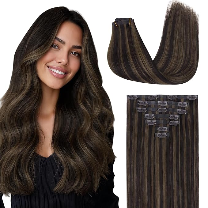 GOO GOO Clip in Hair Extensions Real Human Hair, Remy Human Hair Extensions Clip ins for Women, Natural Human Hair, 14inch 110g 7 Pcs, #2/6 Dark Brown Highlighted Chestnut Brown