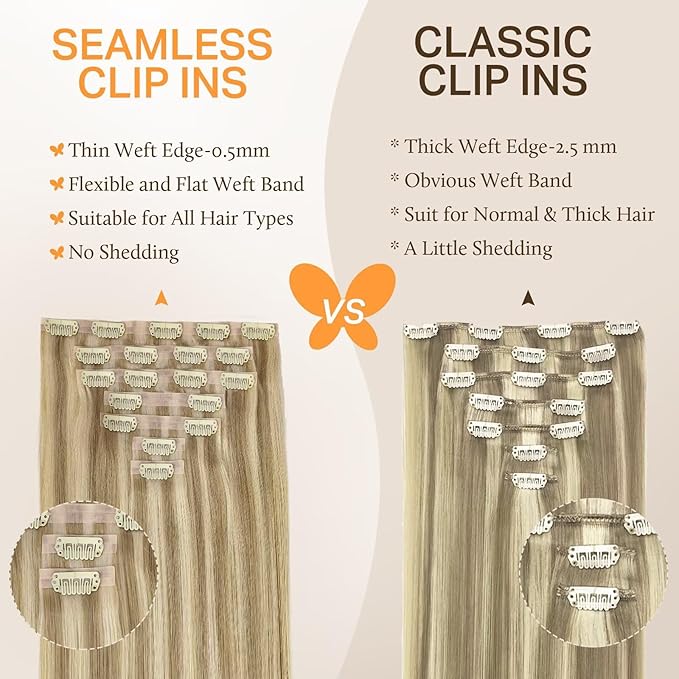 DOORES Seamless Clip in Hair Extensions, Light Blonde Highlighted Golden Blonde 150g 7pcs 22 Inch, Virgin Invisible Edge Human Hair Clip in Extensions