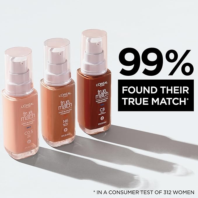 L'Oreal Paris True Match Super-Blendable Foundation, Medium Coverage Liquid Foundation Makeup, W1, Light, 1 Fl Oz