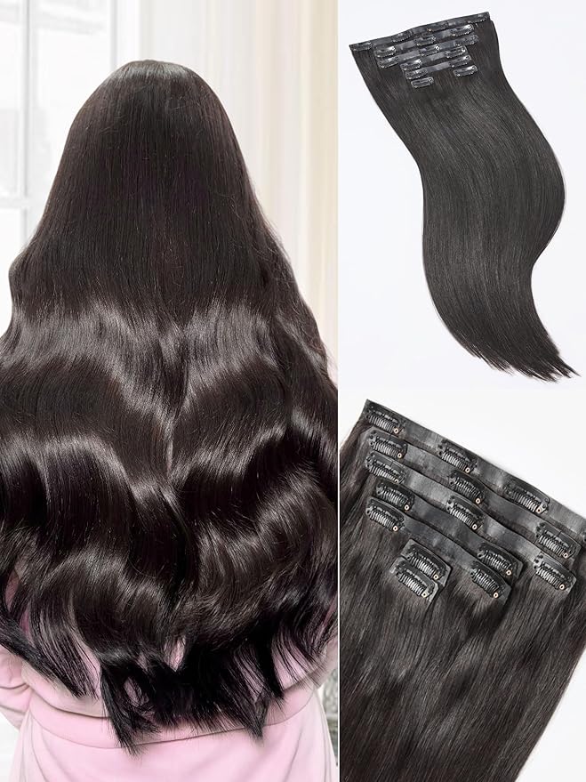 LUVME Straight Seamless 110g 7Pcs Clip in Hair Extensions Full Max with 18inch Remy Human Hair Extensions, Natural Black 100% Real Soft Human Hair