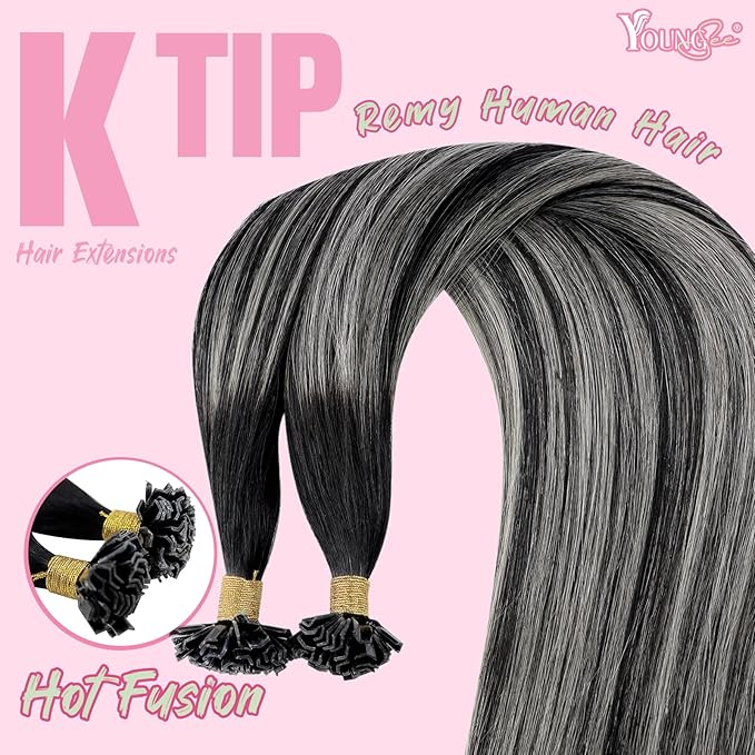YoungSee K Tip Hair Extensions Real Human Hair Ombre K Tip Extensions Natural Black Roots to Silver Grey Balayage Keratin Tip Hair Extensions Human Hair Pre Bonded 50g 20inch 50s