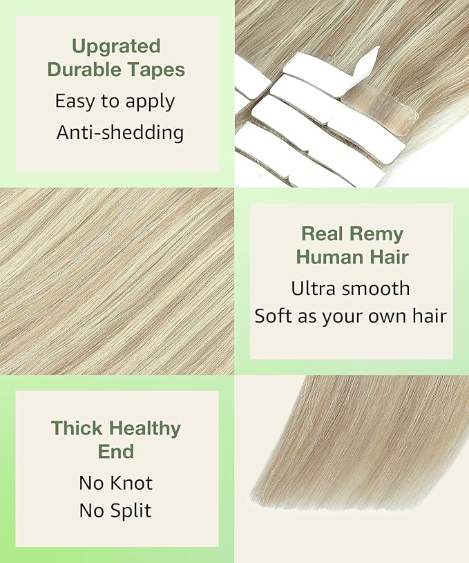 SURNEL Human Hair Tape in Extensions Double Drawn Ash Blonde Highlight Bleach Blonde Tape in Hair Extension 20 inch 20pcs 50g(#18P613-20)