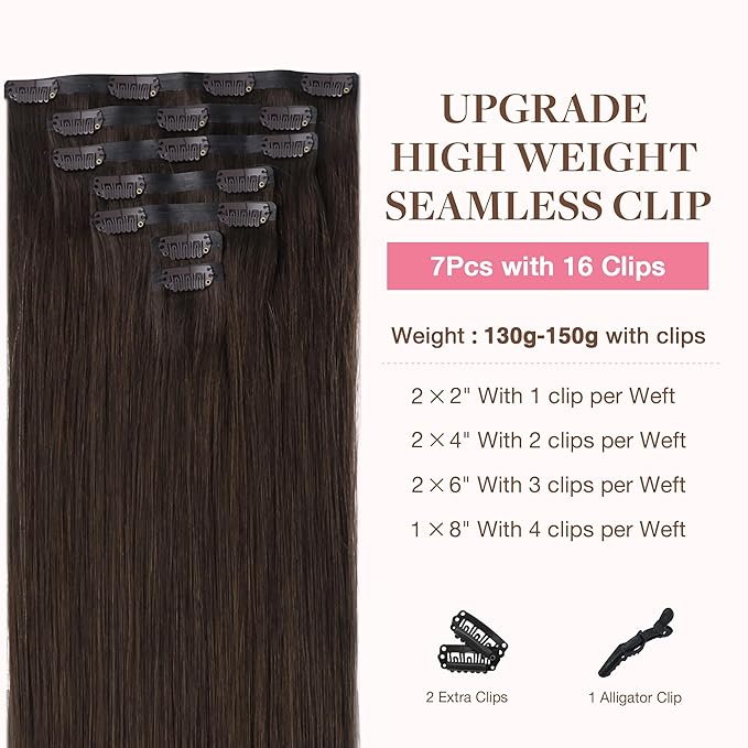 GOO GOO Clip in Hair Extensions Real Human Hair, Remy Human Hair Extensions Clip ins for Women, Natural Human Hair, 24inch 160g 7Pcs, 2A Light Brown