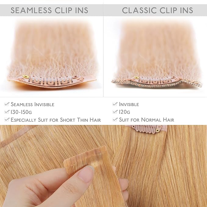 WENNALIFE Seamless Clip In Hair Extensions Human Hair, 20 Inch 150g 7pcs Strawberry Blonde Real Hair Extensions Clip in Human Hair Invisible PU Skin Weft Natural Remy Human Hair Extensions