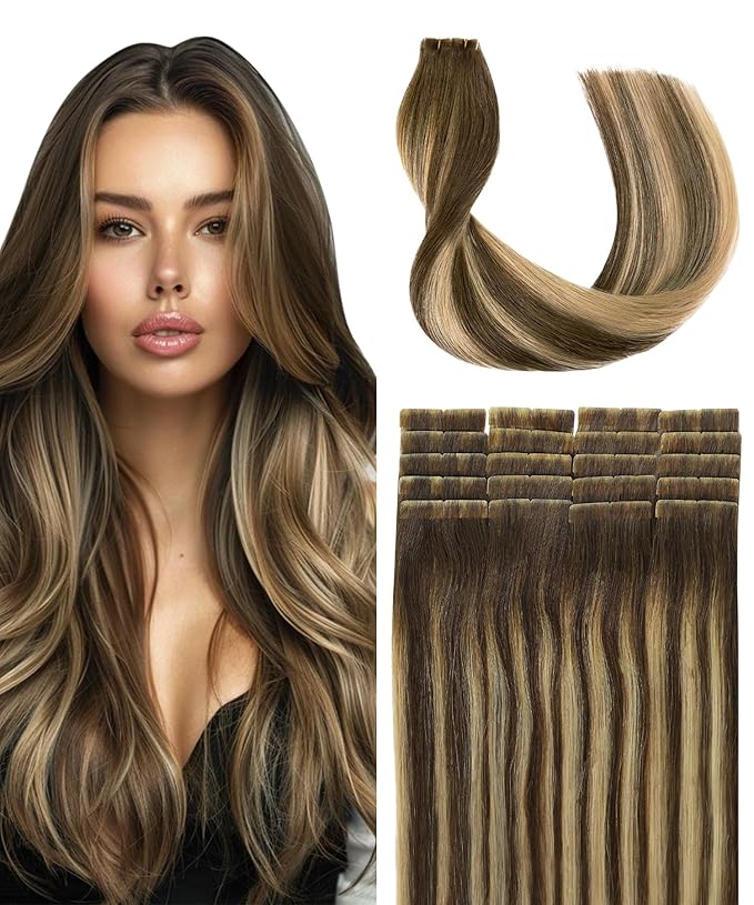 SURNEL Injected Invisible Tape in Hair Extensions Human Chocolate Brown to Caramel Blonde Seamless Invisible Tape in Extensions 18 Inch 20 Pcs 40g(#4274,18)