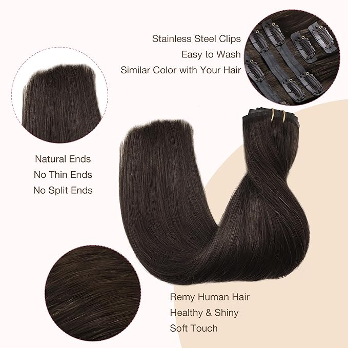 GOO GOO Clip in Hair Extensions Real Human Hair, Remy Human Hair Extensions Clip ins for Women, Natural Human Hair, 16inch 110g 7Pcs, 2A Light Brown