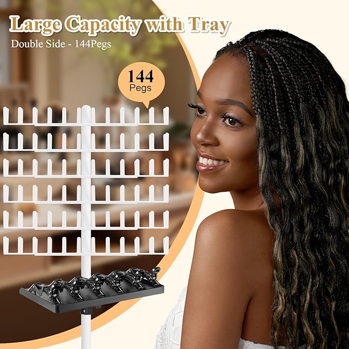 Braiding Rack with Tray, 144 Pegs Height Adjustable, 2-side Hair Extension Holder, Hair Stand with Stylist Hair Braiding Tools for Salon, Home, Travel (White)