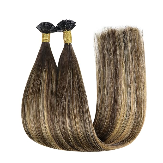 YoungSee Ombre K Tip Hair Extensions Real Human Hair Balayage Brown with Caramel Blonde Natural Hair Extensions Ktips Human Hair for Women 14In 1G/S 50G