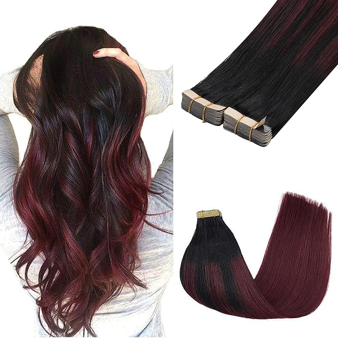 GOO GOO Tape in Hair Extensions Human Hair, 1/99 Balayage Jet Black to Red, 18inch 100g 40pcs, Skin Weft Seamless Invisible, Silky Straight with Thick Ends, Remy Human Hair