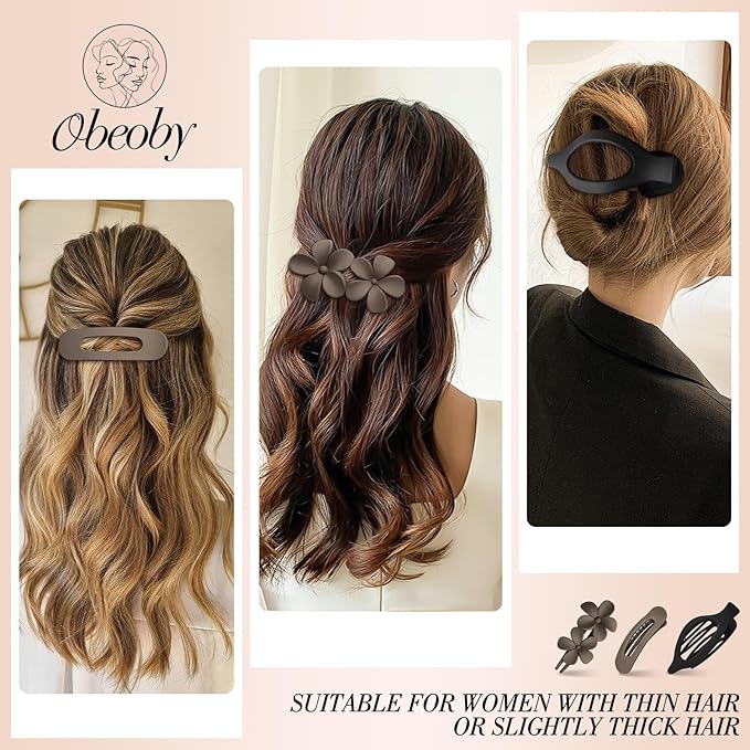 Obeoby 6 Pcs Flat Hair Clips for Women, 3 Types French Flat Claw Clips Hair Accessories Large Medium Barrettes Flowers Duckbill Stocking Stuffers Christmas Gifts (Coffee, Black)