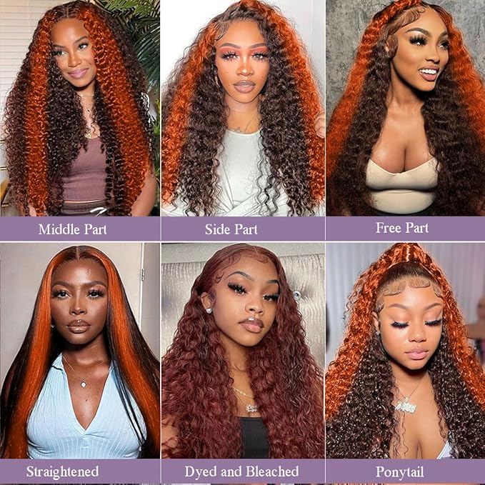 250 density Ginger Deep Wave Lace Front Wigs Human Hair Pre Plucked Hairline Glueless Wigs for Women 13x6 HD Lace Front Wigs Ginger Orange Curly Human Hair Wig Brazilian Hair 30 Inch