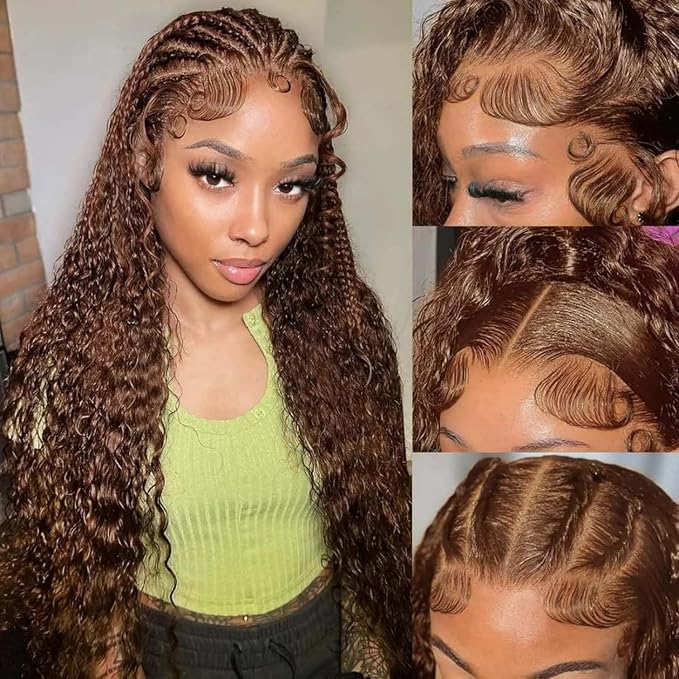 28 Inch Chocolate Brown Deep Wave Lace Front Wigs Human Hair Pre Plucked 200% Density 13x6 HD Lace Frontal Wigs with Baby Hair Deep Curly Wet and Wavy Glueless Wigs for Women (4# Brown, 28 Inch)