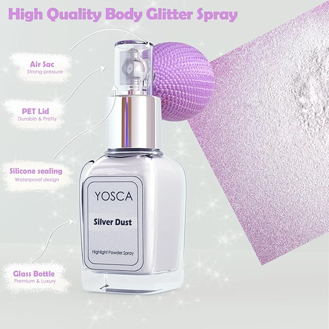 Yosca Highlighter Powder Spray, 20ML Cosmetic Grade Shimmer Powder Diamond Glitter Spray Sparkle Highlighter Makeup Festival Concert Accessorise for Rave Clothes Hair Face Nail Art - Silver Dust
