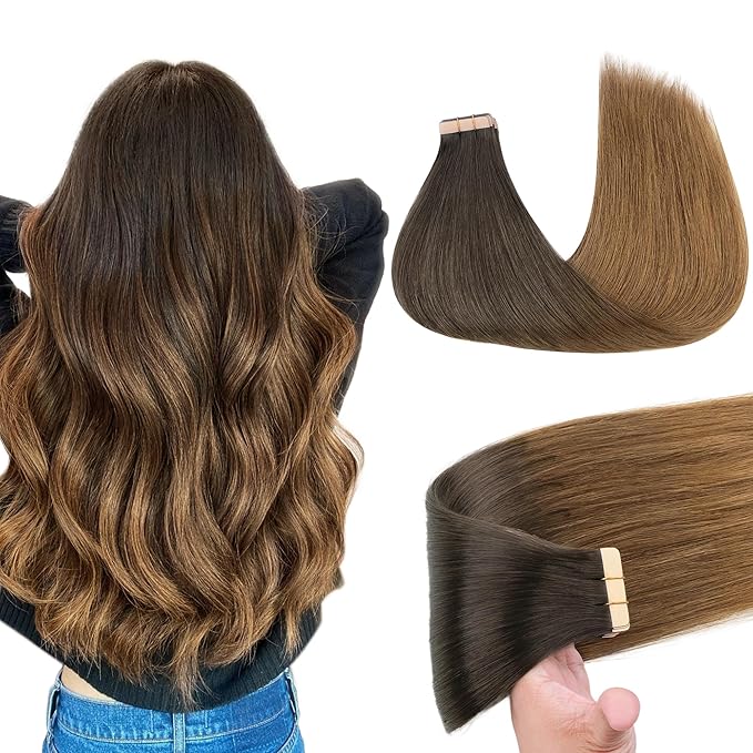 GOO GOO Tape in Hair Extensions Human Hair, 1D/2C/4E Chocolate Dip Color Melt, 20inch 50g 20pcs, Skin Weft Seamless Invisible, Silky Straight with Thick Ends, Remy Human Hair