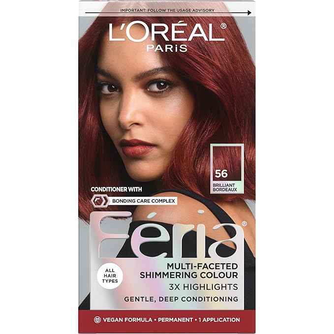 L'Oreal Paris Feria Multi-Faceted Shimmering Permanent Hair Color, 56 Brilliant Bordeaux (Auburn Brown), Pack of 1 Hair Dye Kit