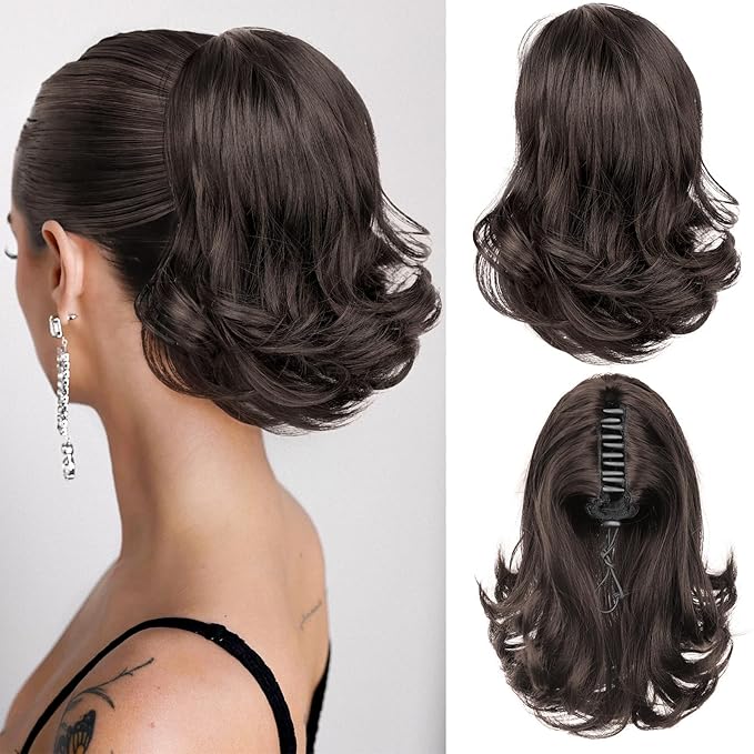 KooKaStyle Ponytail Extension, 10" Short Claw Clip in Pony Tails Hair Extensions Curly Wavy Synthetic Drawstring Hairpieces for Women Medium Brown