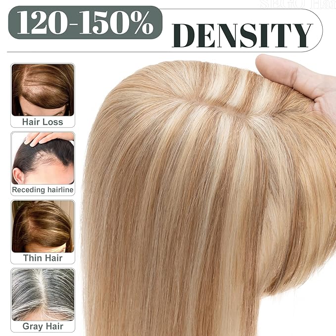 SEGO Hair Toppers for Women Real Human Hair with Thinning Hair, Hair Pieces Clip in Toppers Straight Hair Pieces with Front Bangs -8 Inch #12/613 Golden Brown Mix Bleach Blonde