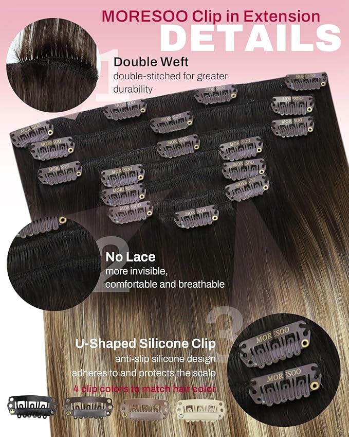 Moresoo Human Hair Clip in Extensions Balayage Dark Brown to Medium Brown with Blonde Ombre Clip in Hair Extensions for Women Full Head 7 Pcs 120G 22 Inch