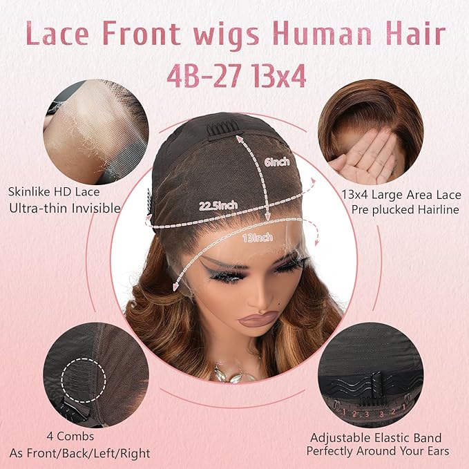 34 Inch Highlight Ombre Lace Front Wig 13x4 Full Frontal Lace Wig Skinlike HD Lace Wig Body Wave lace front Wigs for Women 15A Pre Plucked with Baby Hair 4/27 honey blonde 200% Density
