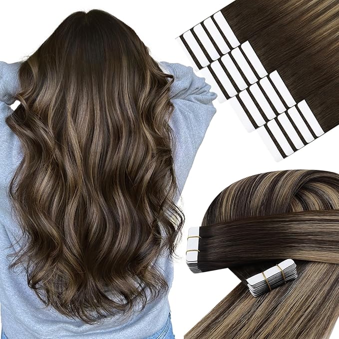 YoungSee Human Hair Tape in Extensions Brown Balayage Tape in Hair Extensions Dark Brown Ombre Blonde Seamless Tape-in Hair Extension Human Hair 22In Straight Hair Extension Long 20pcs 50g
