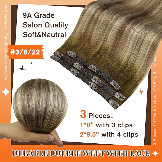 Full Shine Human Hair Clip in Extensions for Woman 14 Inch Medium Brown Ombre to Light Brown and Medinum Blonde Hair Extensions Clip ins Softness 3 PCS 60 Grams