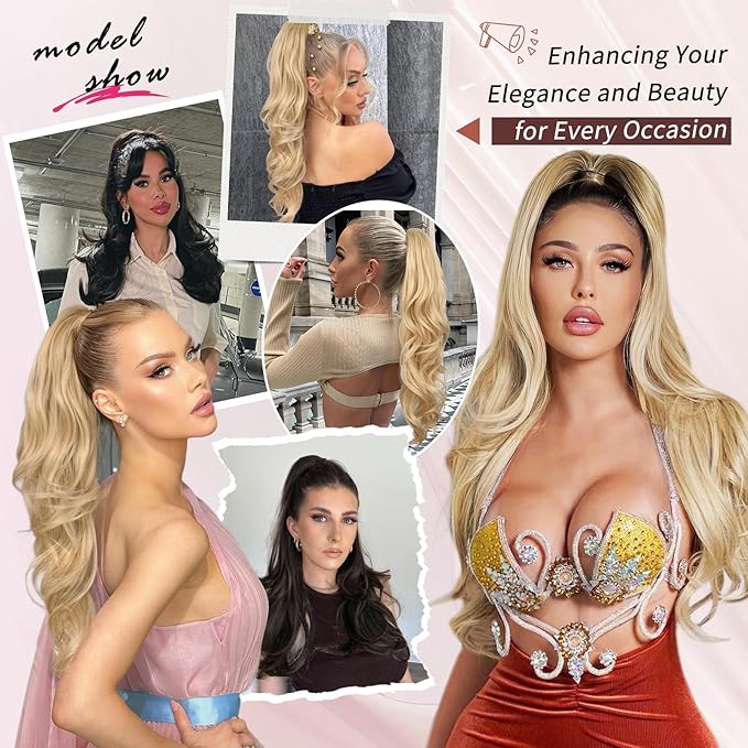 Blonde Ponytail Extension, 26 Inch Drawstring Ponytail Extension for Women Long Blonde Wavy Layered Pony Tails Hair Extensions Synthetic Clip in Ponytail Hairpiece for Women(27/613)