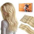 DOORES Human Hair Extensions Clip in, Dirty Blonde Highlight Golden Blonde 150g 9pcs 22 Inch Remy Natural Straight Silky
