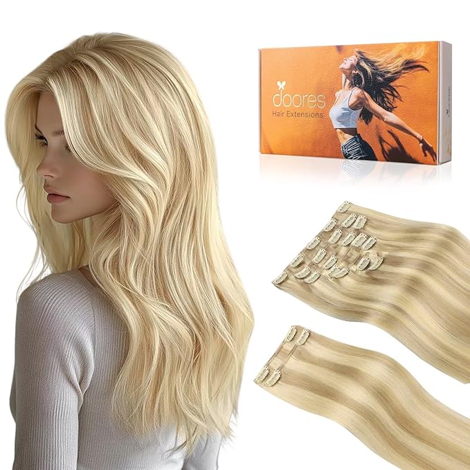 DOORES Clip in Human Hair Extensions, Dirty Blonde Highlight Golden Blonde 24 Inch 9pcs 150g, Human Hair Extensions Clip in Extensions Human Hair Natural Thick Silky Straight Hair Extensions