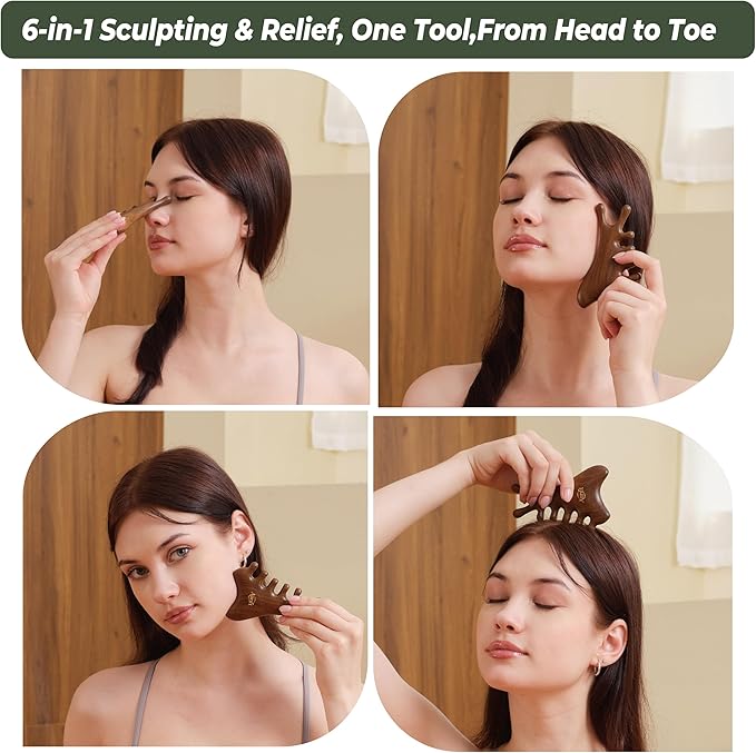 4-in-1 Gua Sha Tool with Mini Travel Small Massage Comb Set, Christmas Gifts for Women, Wooden Face & Body Massager Tool – Lymphatic Drainage, Jawline Sculpting, Head Scalp Massager Hair Growth